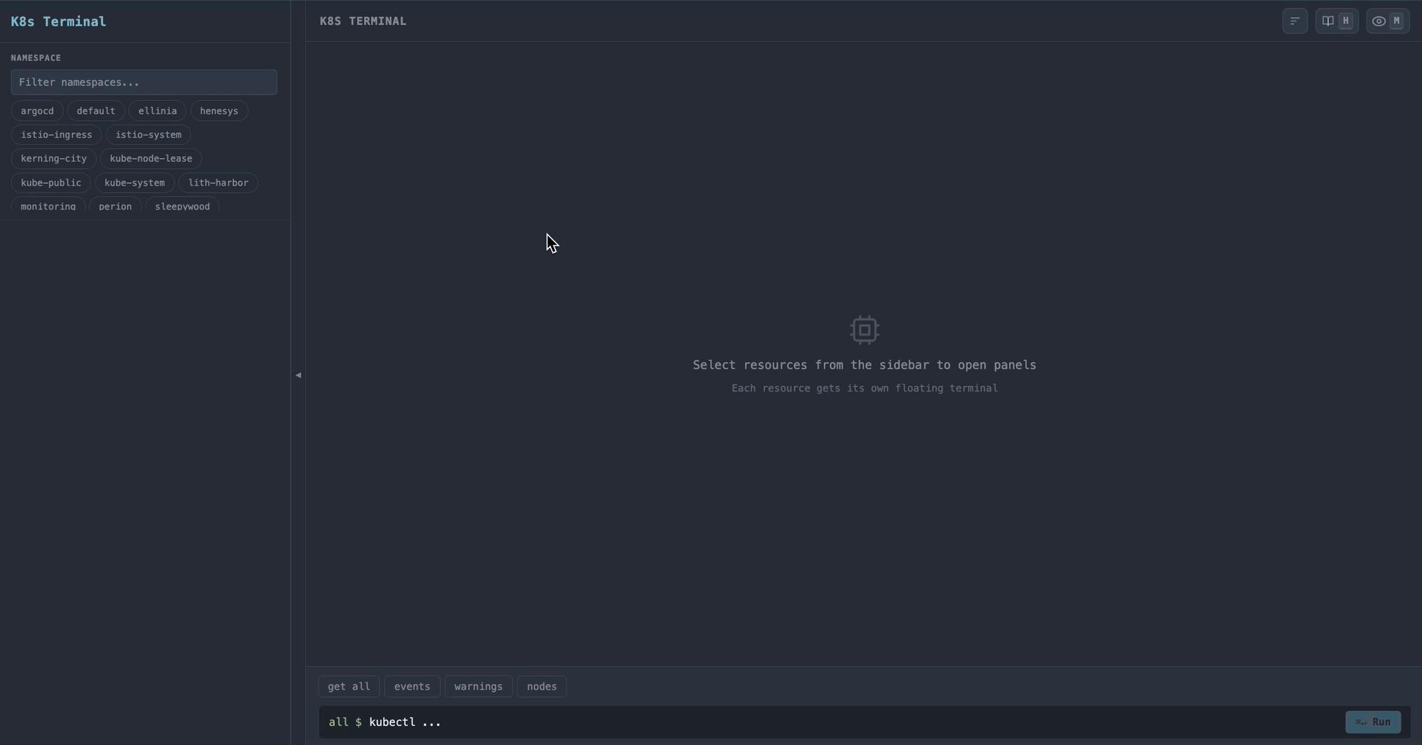 K8s Terminal: a deployment's rollout panel (status, history, details) in a floating window, across renamable multi-desktop workspaces